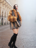 Luxury American Gray Fox fur coat with cherry red fox shawl collar. A stunning winter fashion statement for elegance and warmth.