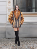 Gorgeous gray fox fur coat with cherry red fox shawl collar. A perfect blend of warmth and high-end fashion for winter elegance.