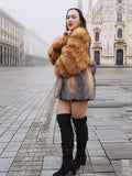 Elegant and warm American Gray Fox fur coat with red fox trim. A must-have luxury winter coat for sophisticated fashion lovers.