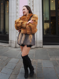 Stylish and cozy gray fox fur coat with cherry red fox shawl collar. A perfect winter fashion statement for luxury lovers.