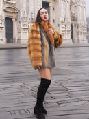 Premium quality gray fox fur coat with cherry red fox details. A luxurious and stylish winter outerwear piece for any occasion.