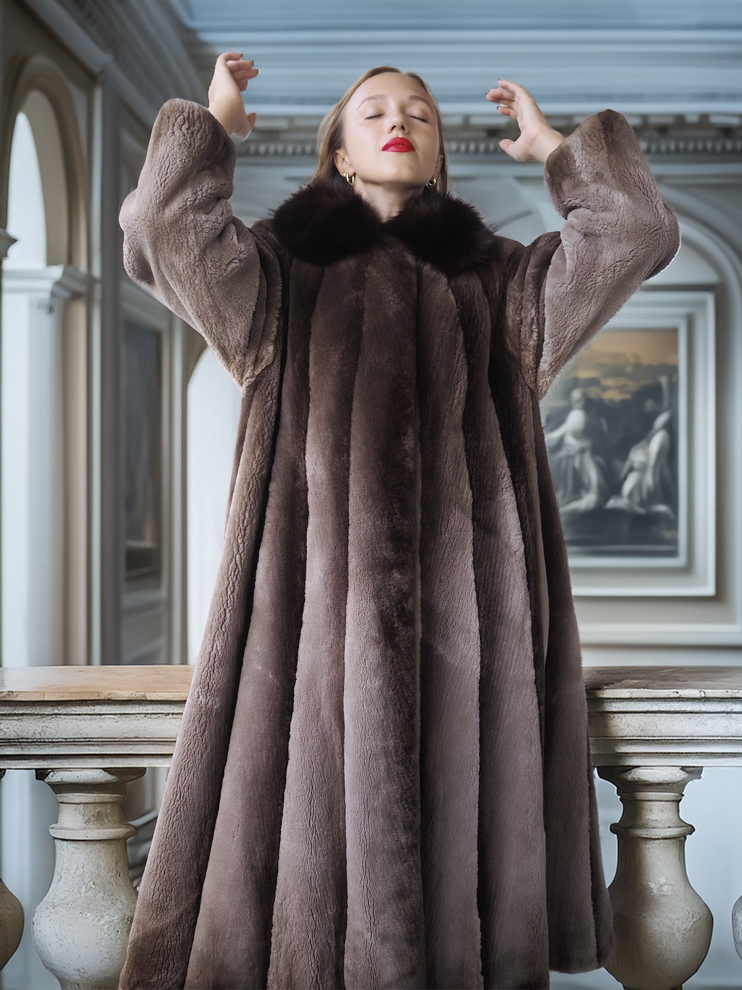 The Phantom Waltz – Sheared Beaver Full-Length Coat with Flared Sweep & Dramatic Collar