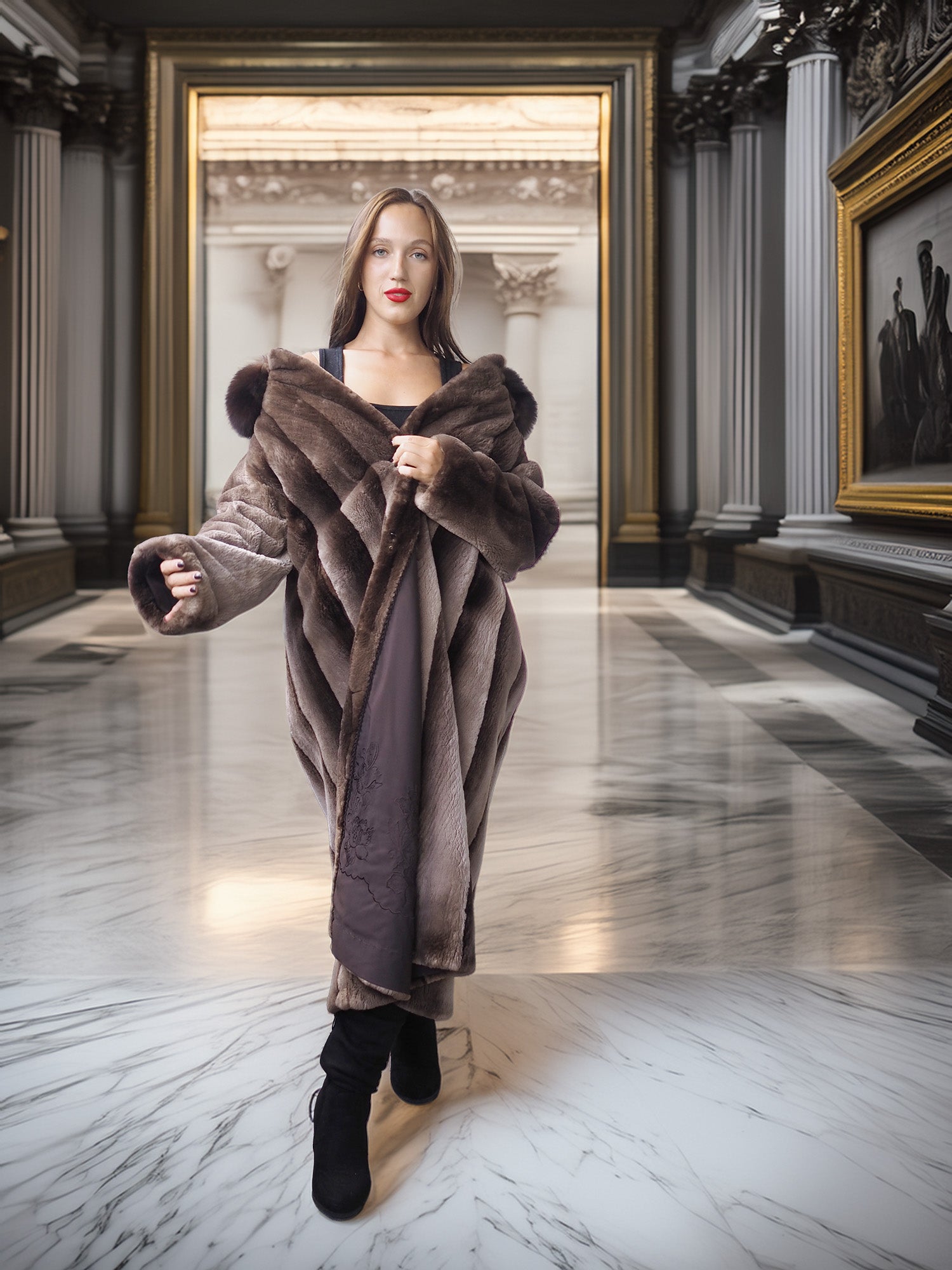 The Phantom Waltz – Sheared Beaver Full-Length Coat with Flared Sweep & Dramatic Collar