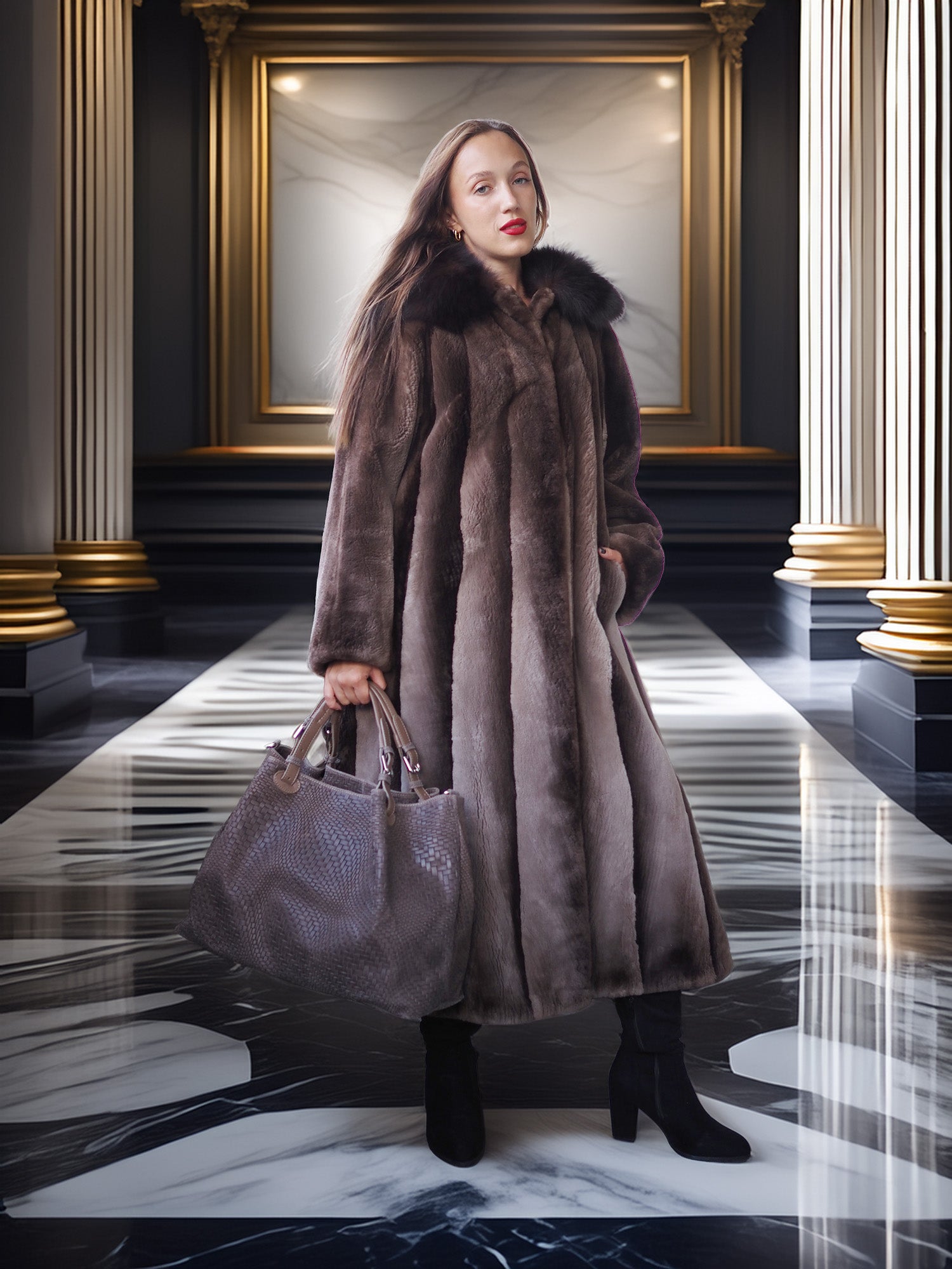 Woman in a fur coat holding a handbag in an elegant interior setting
