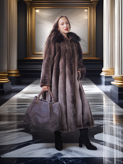 Woman in a fur coat holding a handbag in an elegant interior setting