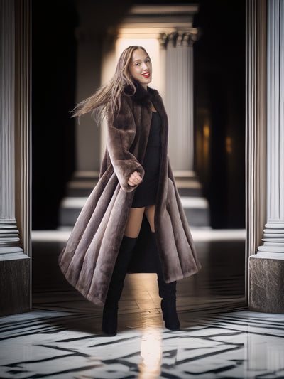 Woman in a long brown coat standing in a grand hallway with columns.