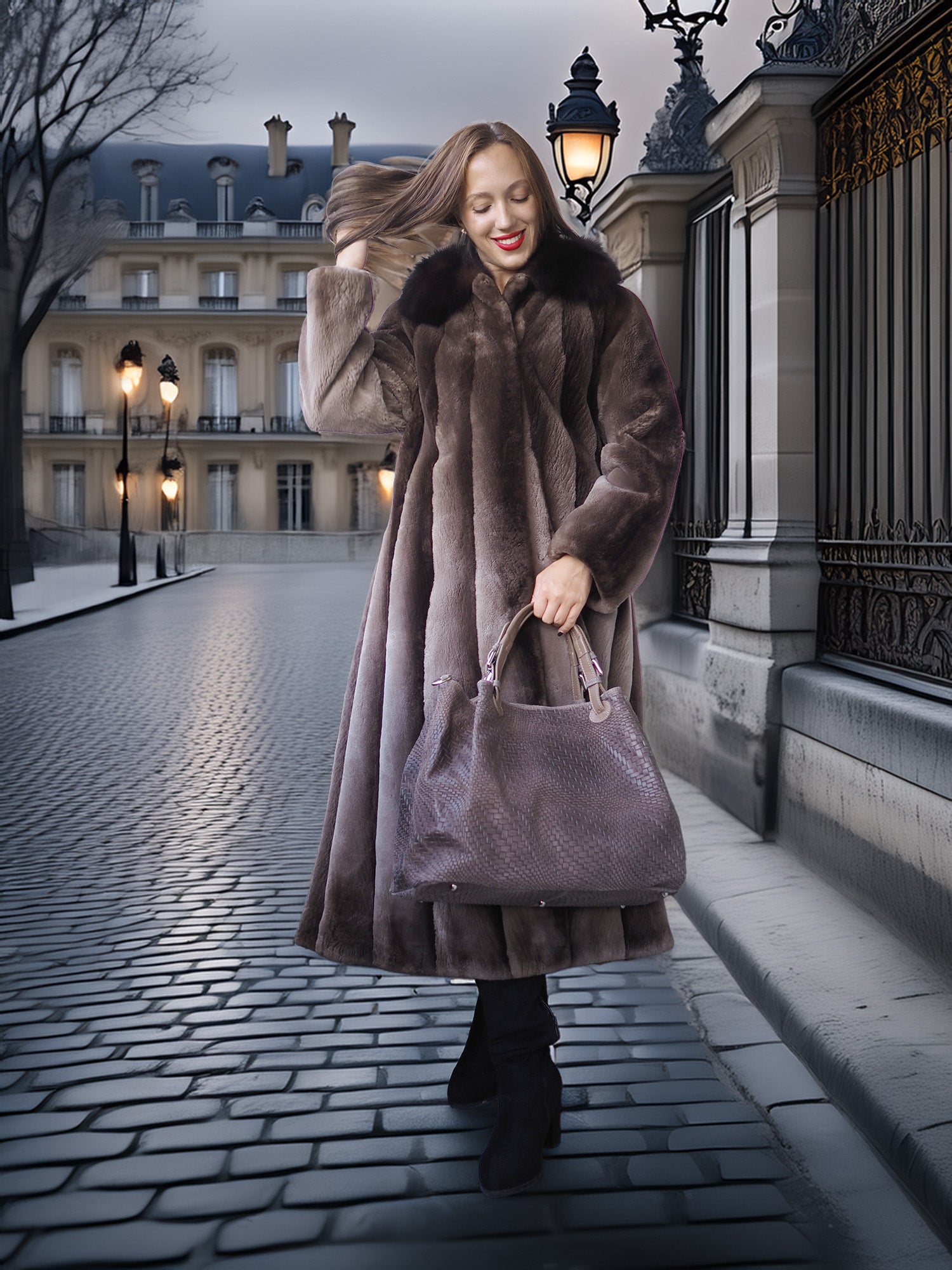 Woman in a fur coat standing on a cobbled street with classical architecture.
