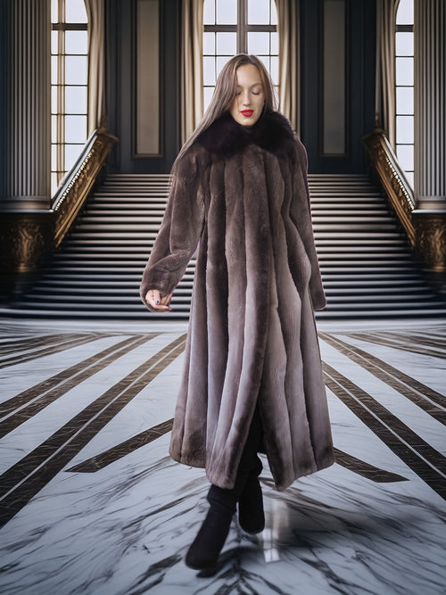 The Phantom Waltz – Sheared Beaver Full-Length Coat with Flared Sweep & Dramatic Collar