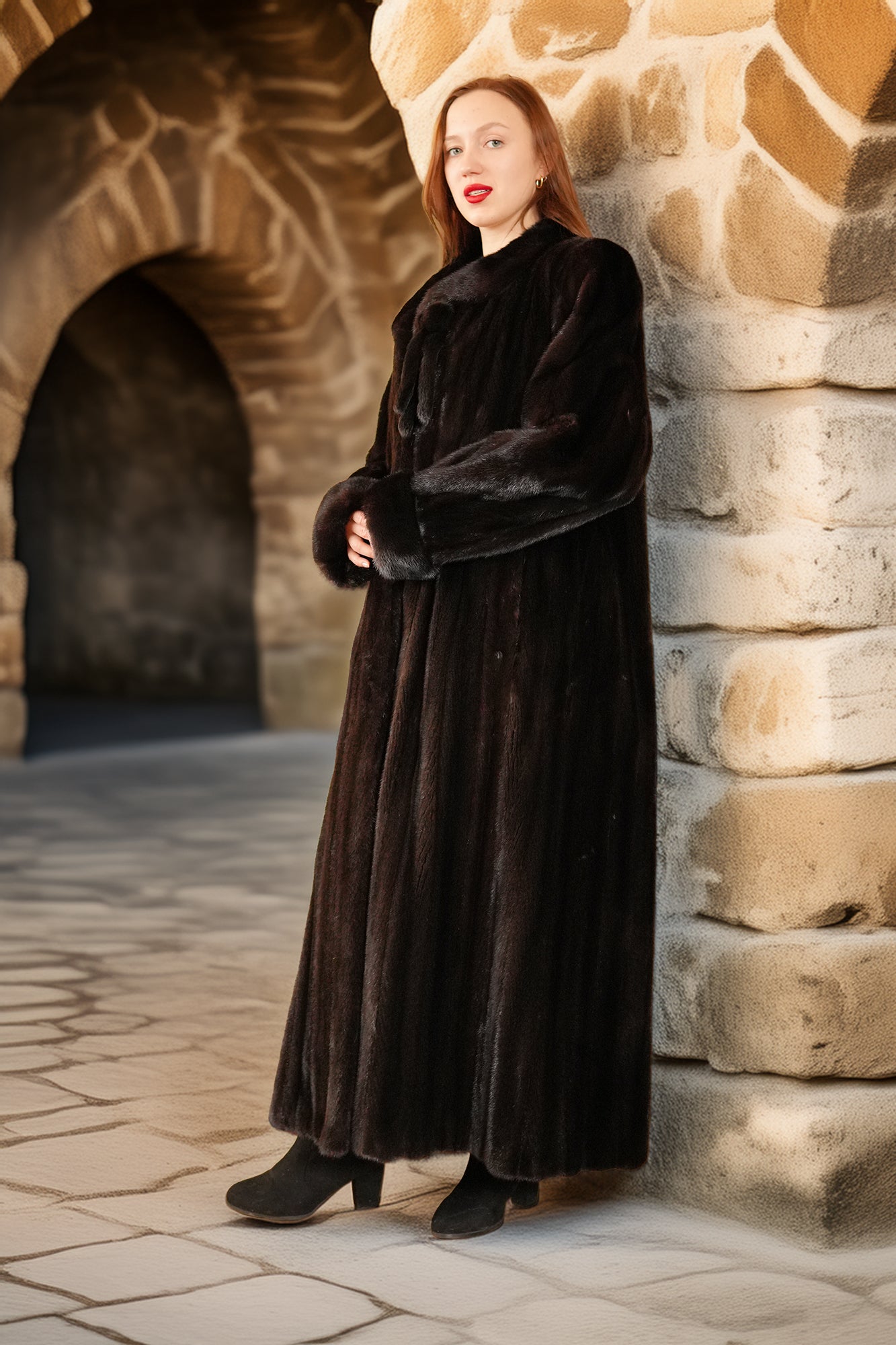 Woman in a long dark coat standing against a stone wall in an outdoor setting