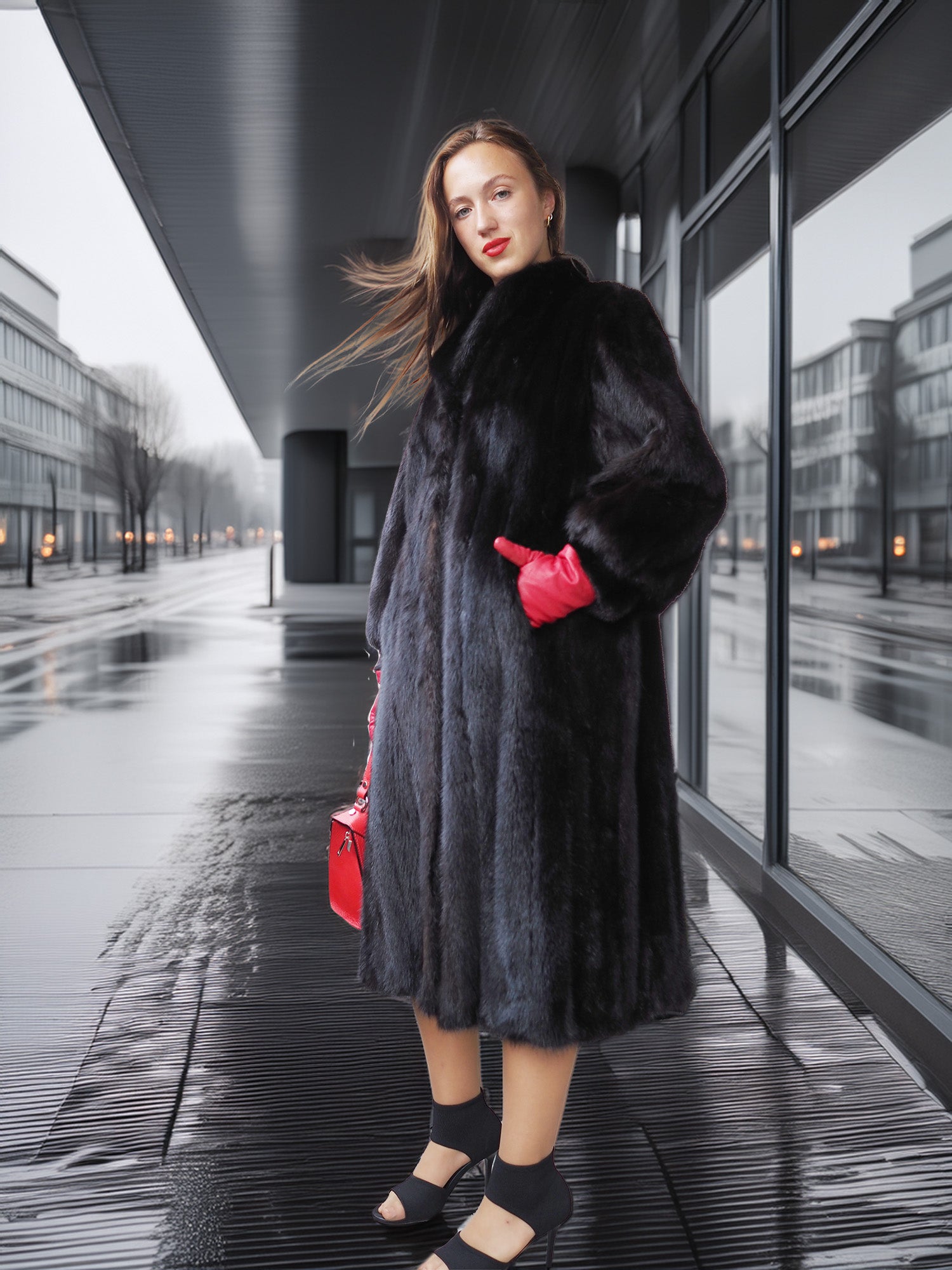 Woman in a black fur coat and red gloves standing on a wet pavement.
