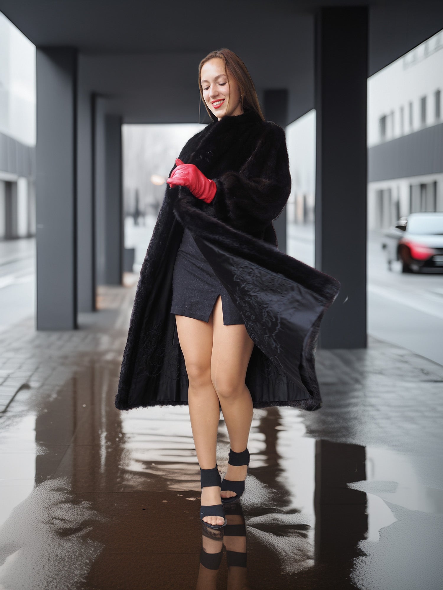 Woman in a black coat and red gloves standing on a wet street.