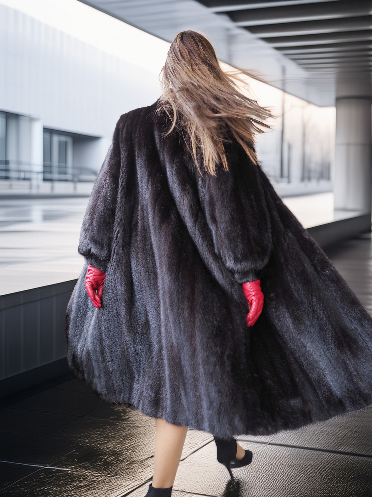 Person wearing a long dark coat and red gloves walking away in an urban setting.