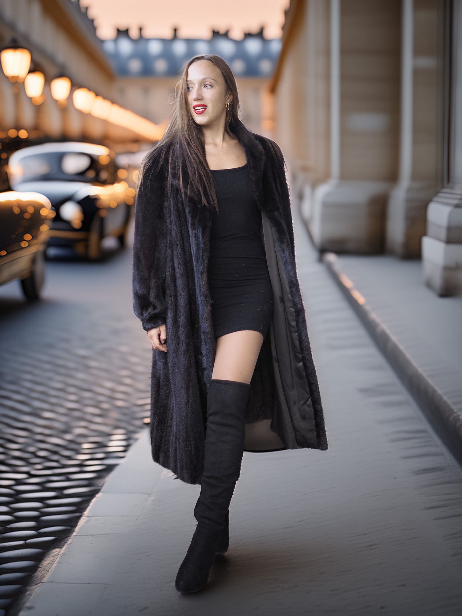 Woman in a long black coat and knee-high boots standing on a city street.