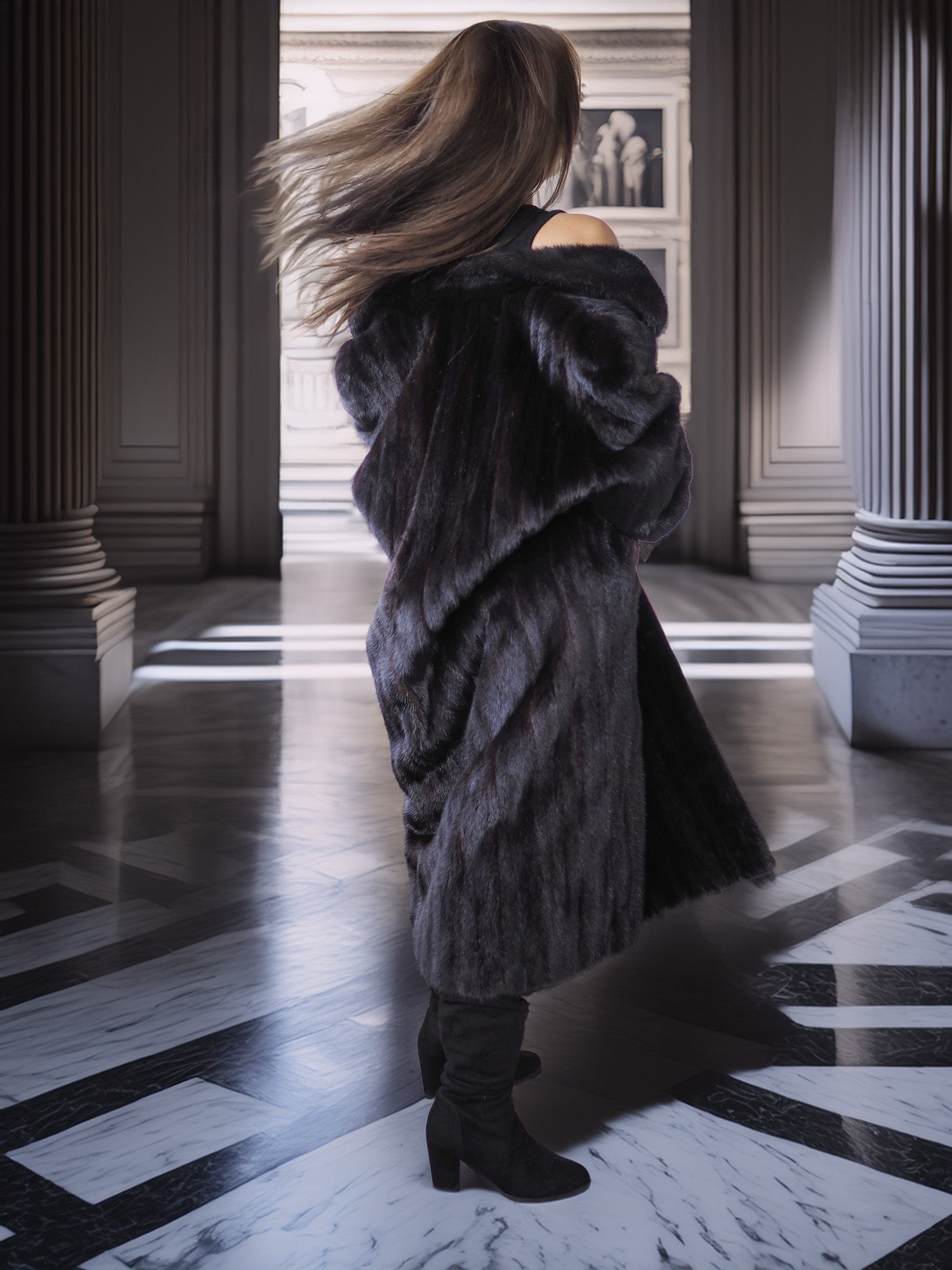 Person wearing a fur coat in an elegant interior setting