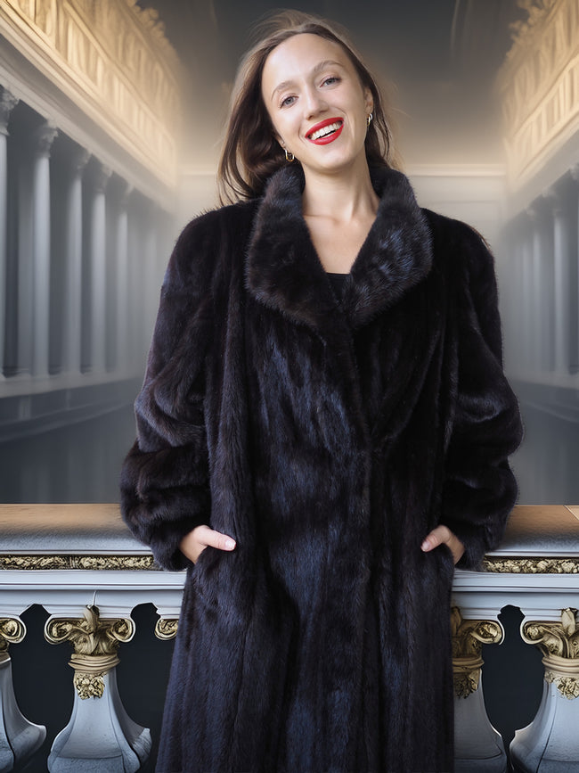 Woman wearing a dark fur coat in an elegant interior setting