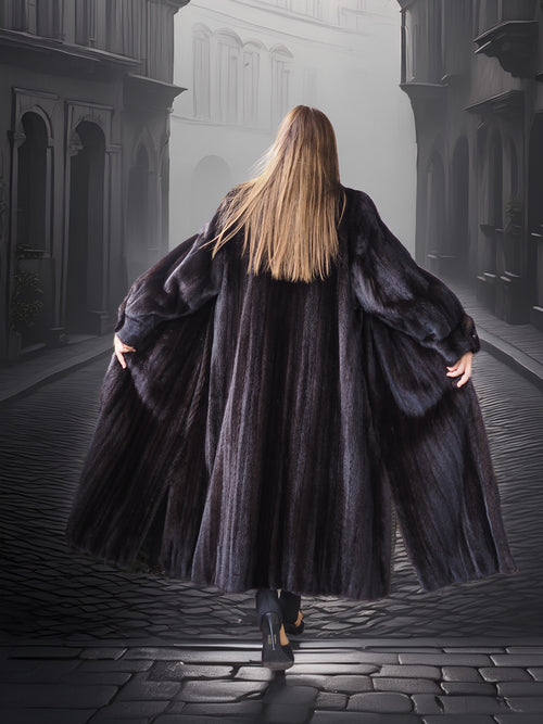 Person wearing a long black coat walking away in a foggy, gothic-style street.