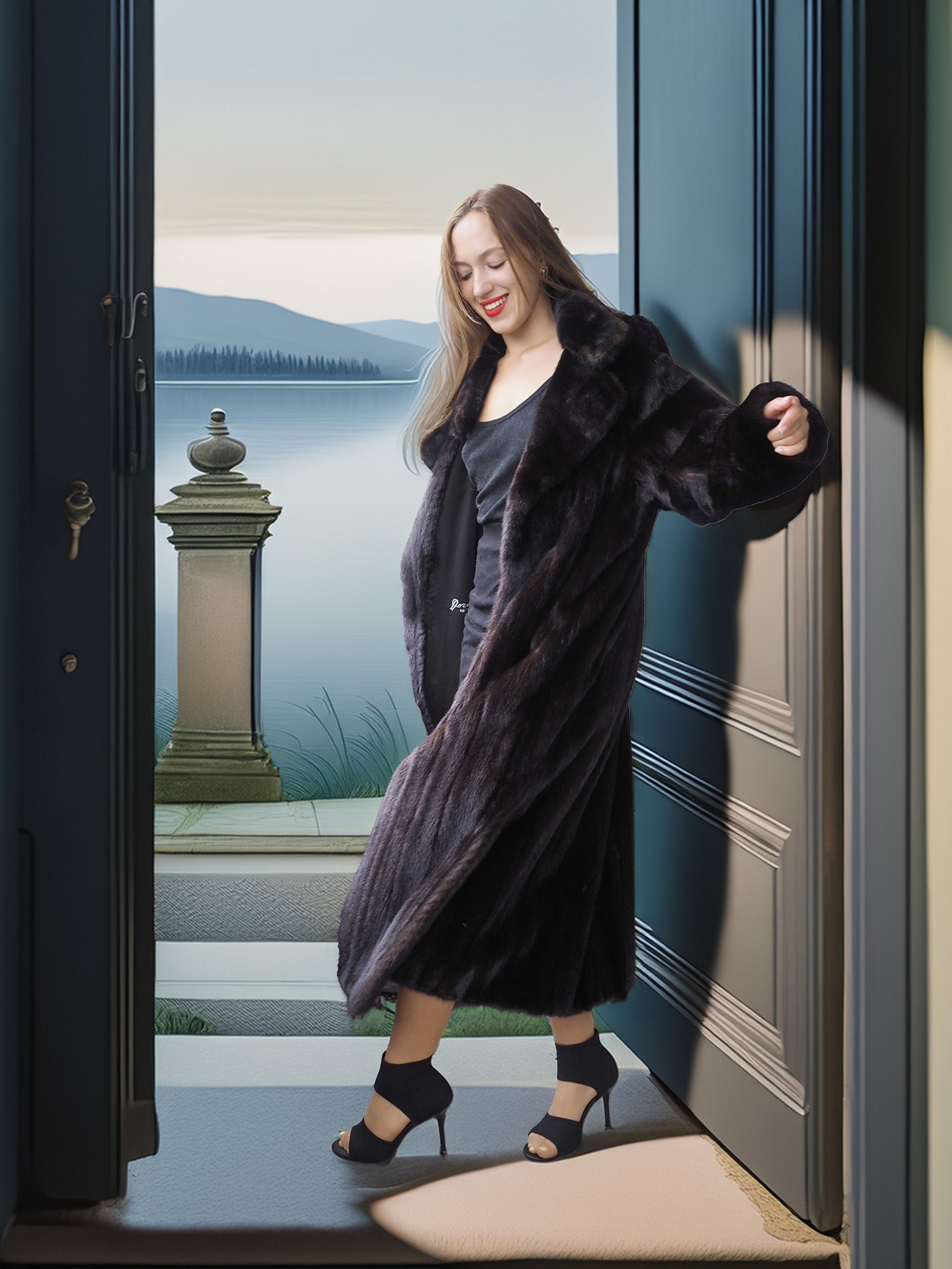Woman in a long dark coat standing in a doorway with a scenic view outside.