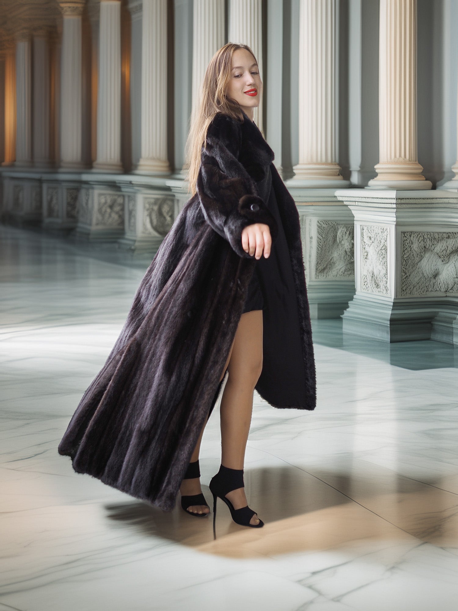 Woman in a long black fur coat standing in a classical architecture setting