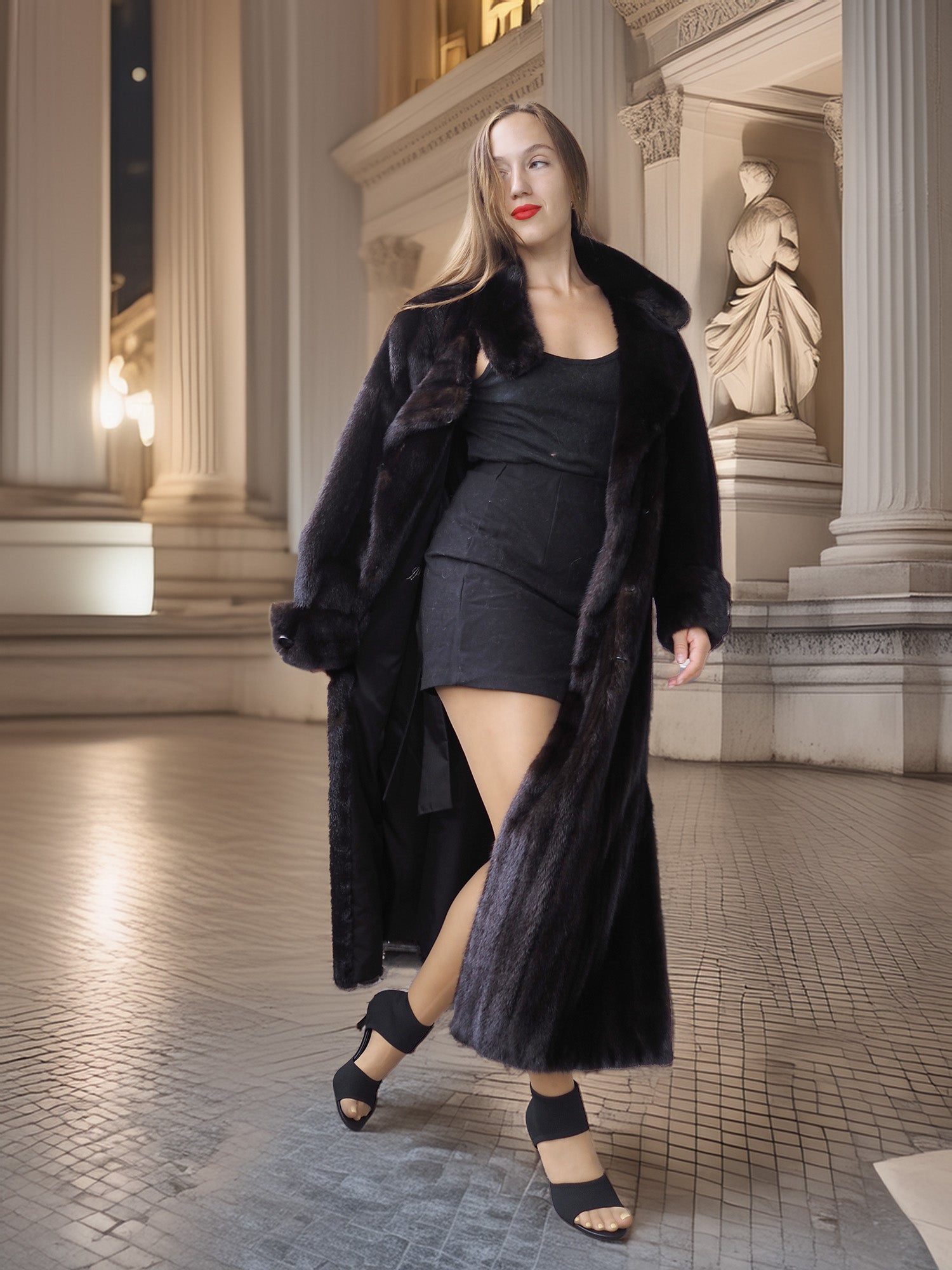 Woman in a long black fur coat standing in an elegant interior setting.