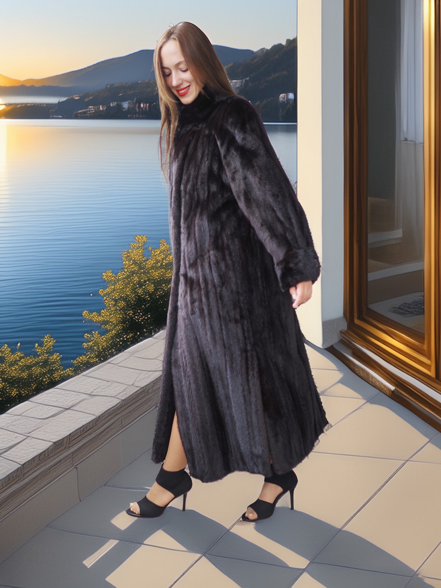 Woman in a long black fur coat standing by a window with a scenic view of water and mountains.