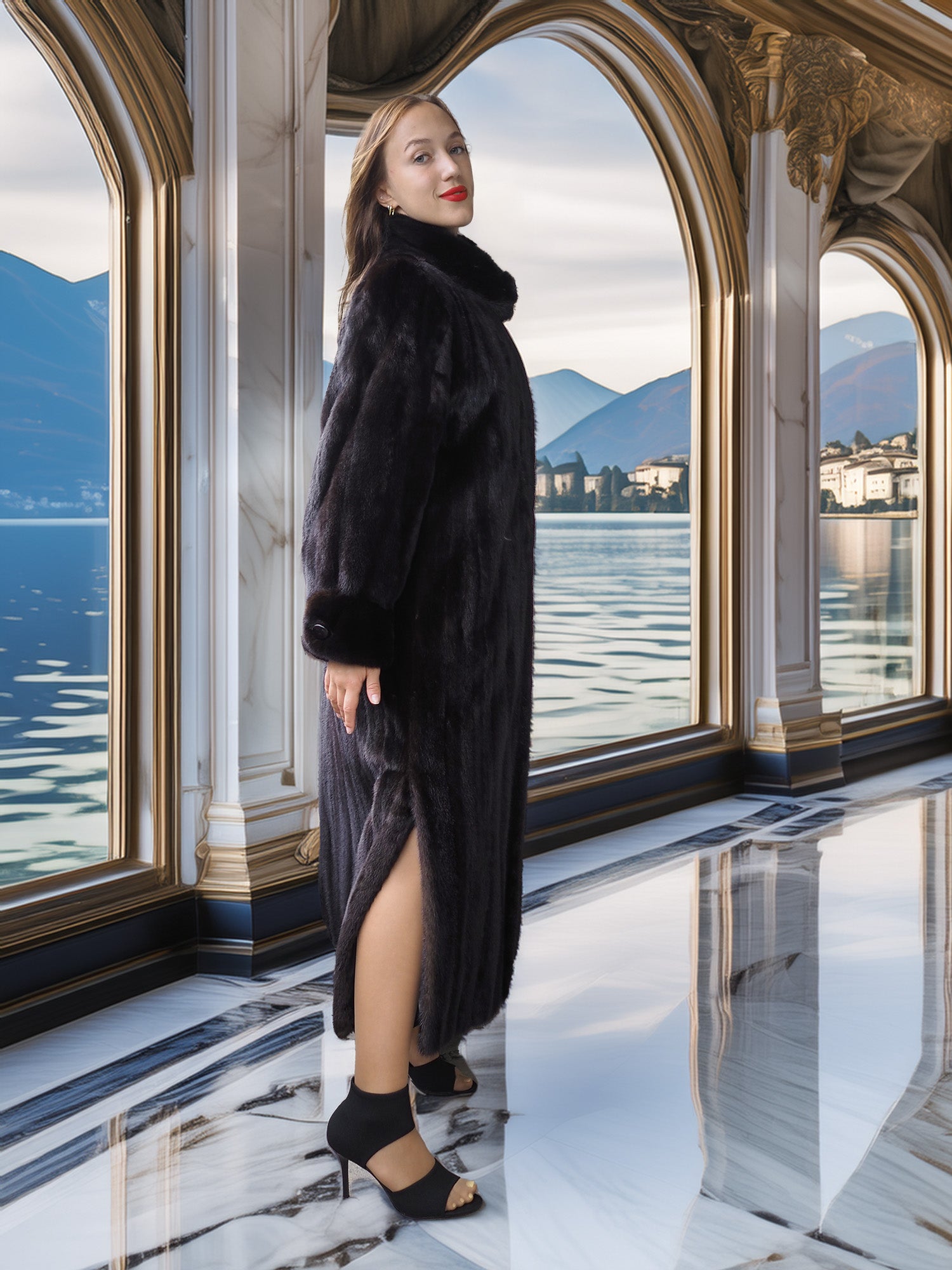 Woman in a dark coat standing in an elegant interior with a lake view.