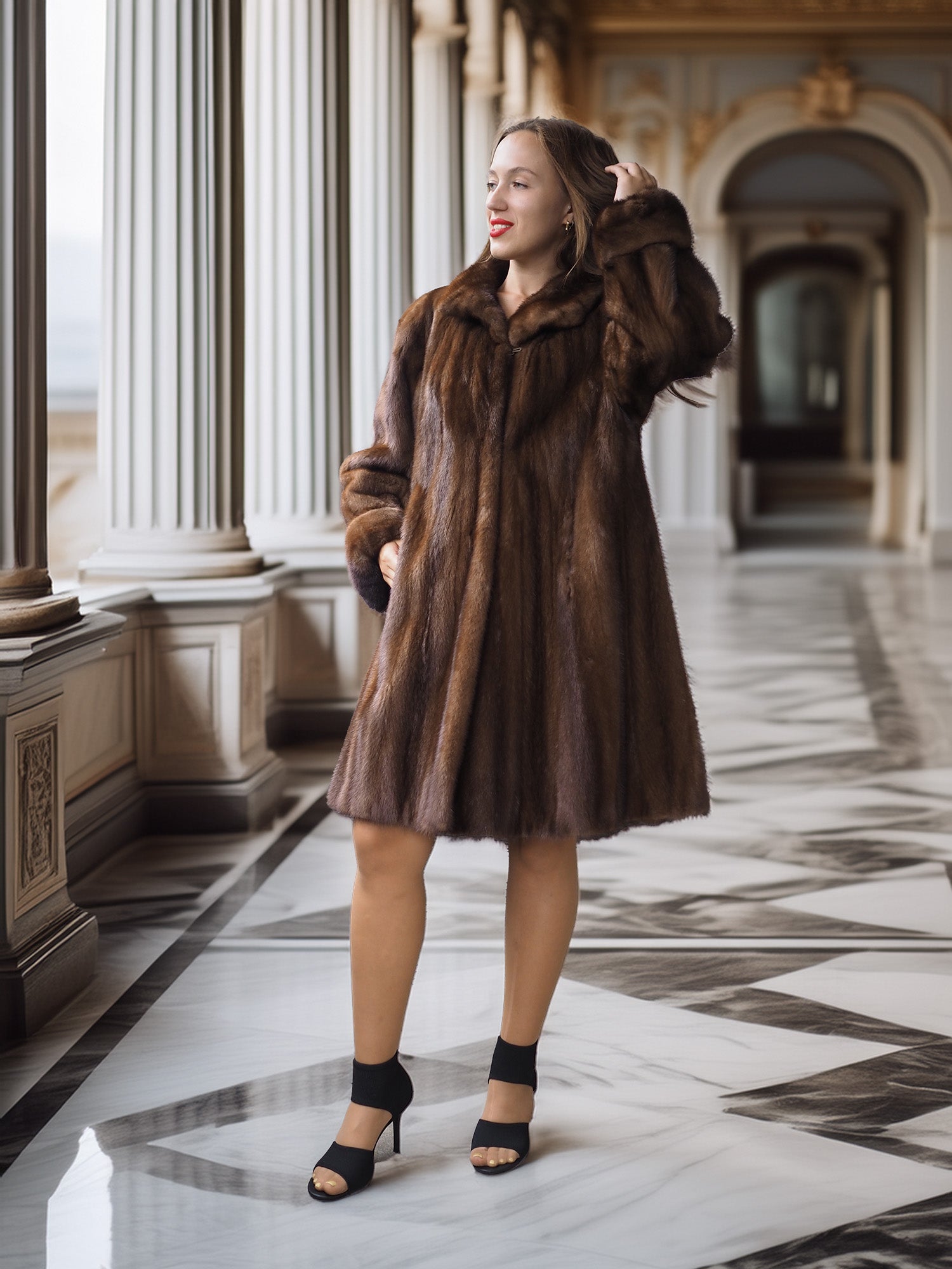 Woman wearing a brown fur coat in an elegant interior setting