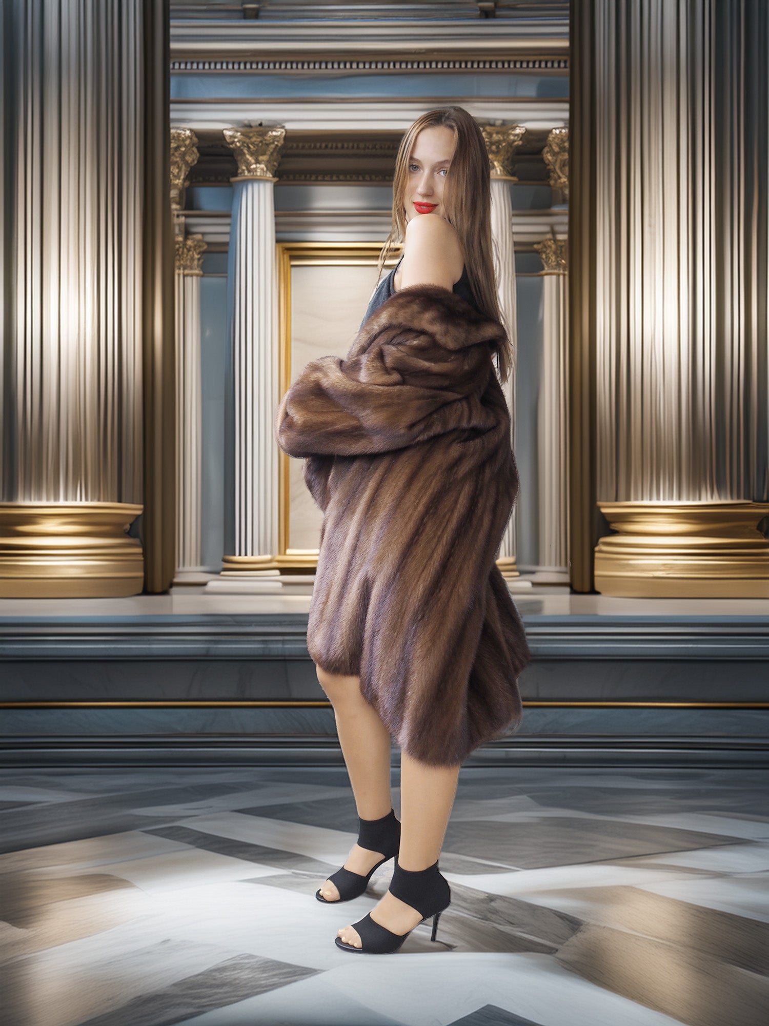 Woman wearing a fur coat in an elegant interior setting