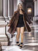 Woman in a long brown fur coat standing in an elegant interior setting.