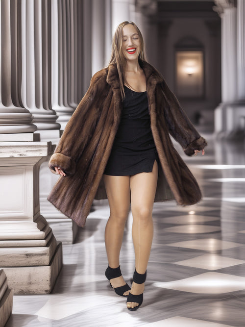 Woman in a long brown fur coat standing in an elegant interior setting.