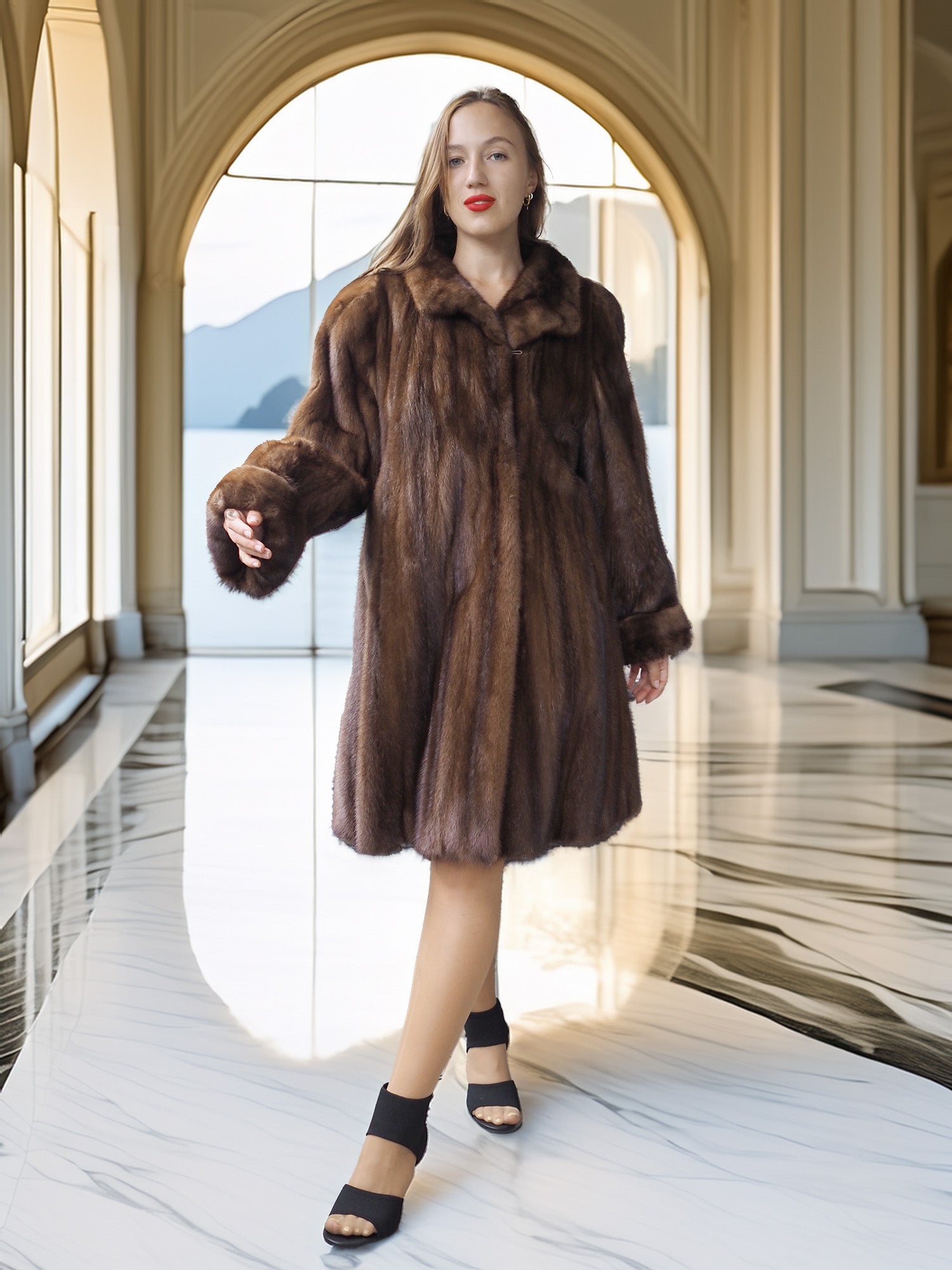 Woman wearing a brown fur coat in an elegant interior setting