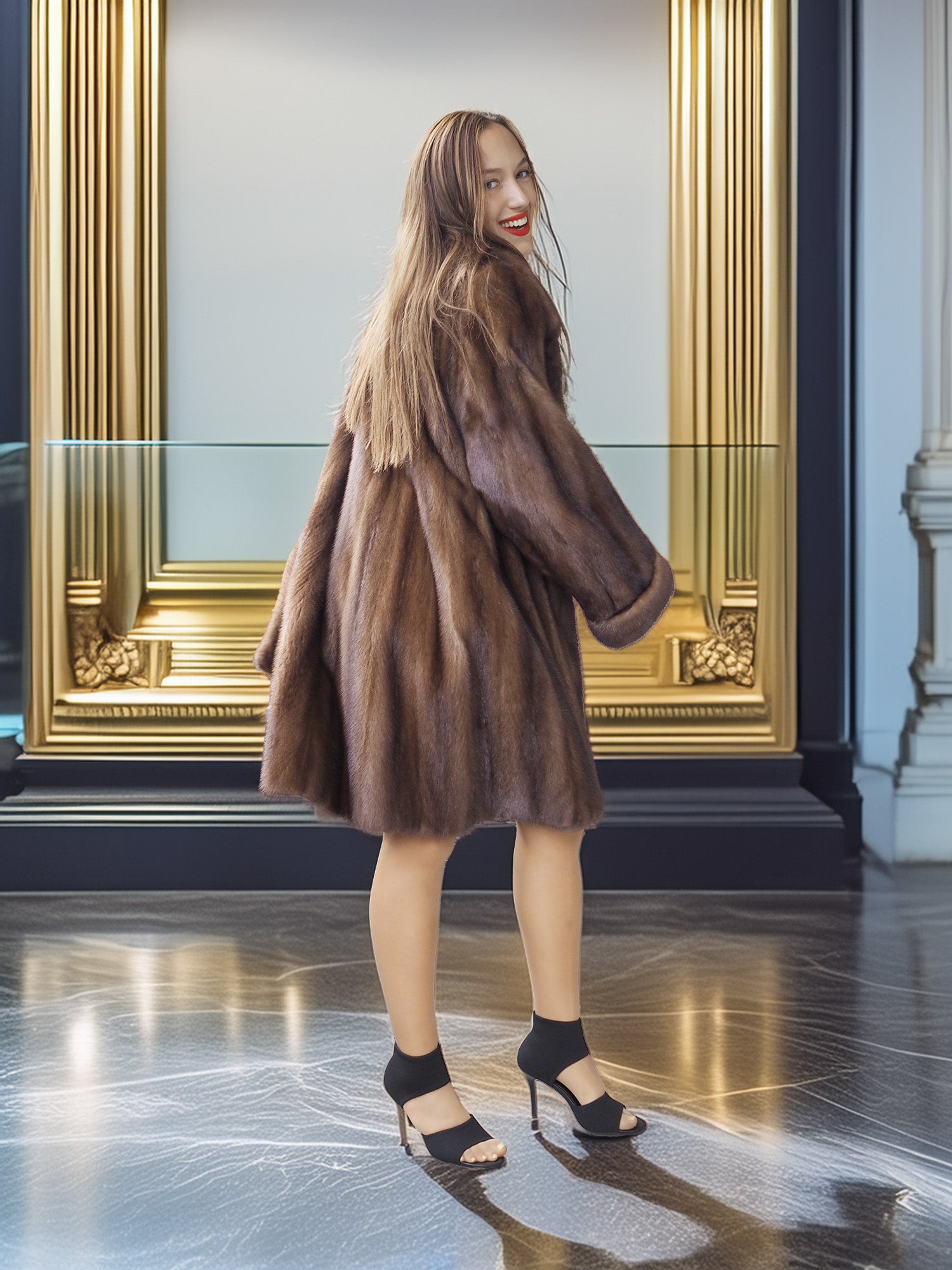 Woman wearing a brown fur coat in an elegant interior setting