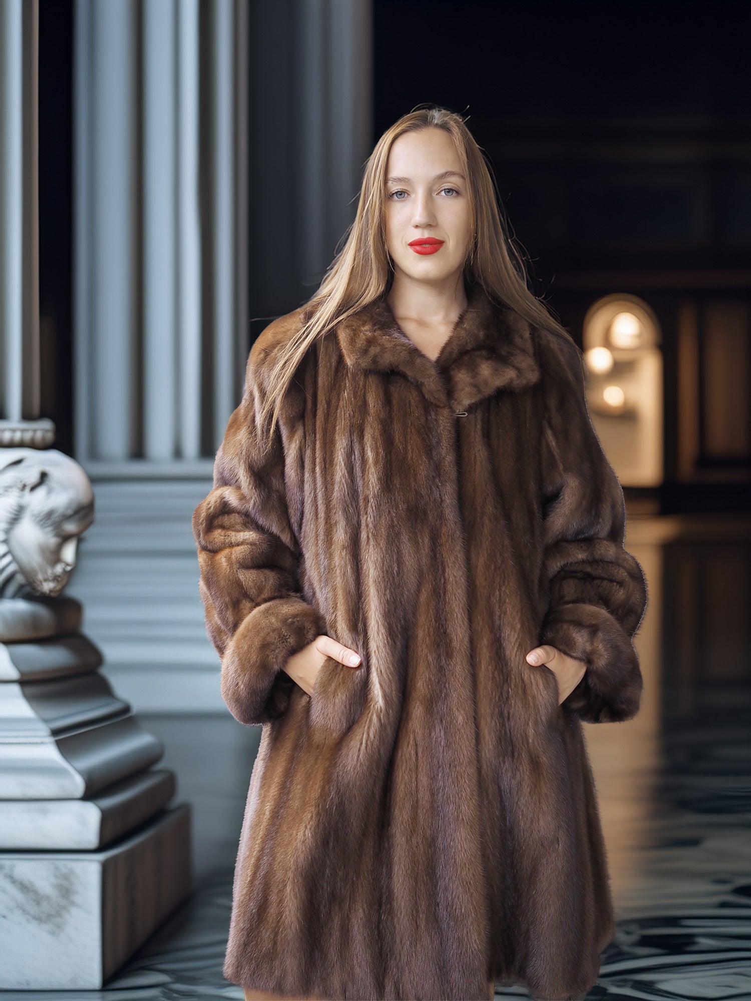 Woman wearing a brown fur coat in an elegant interior setting