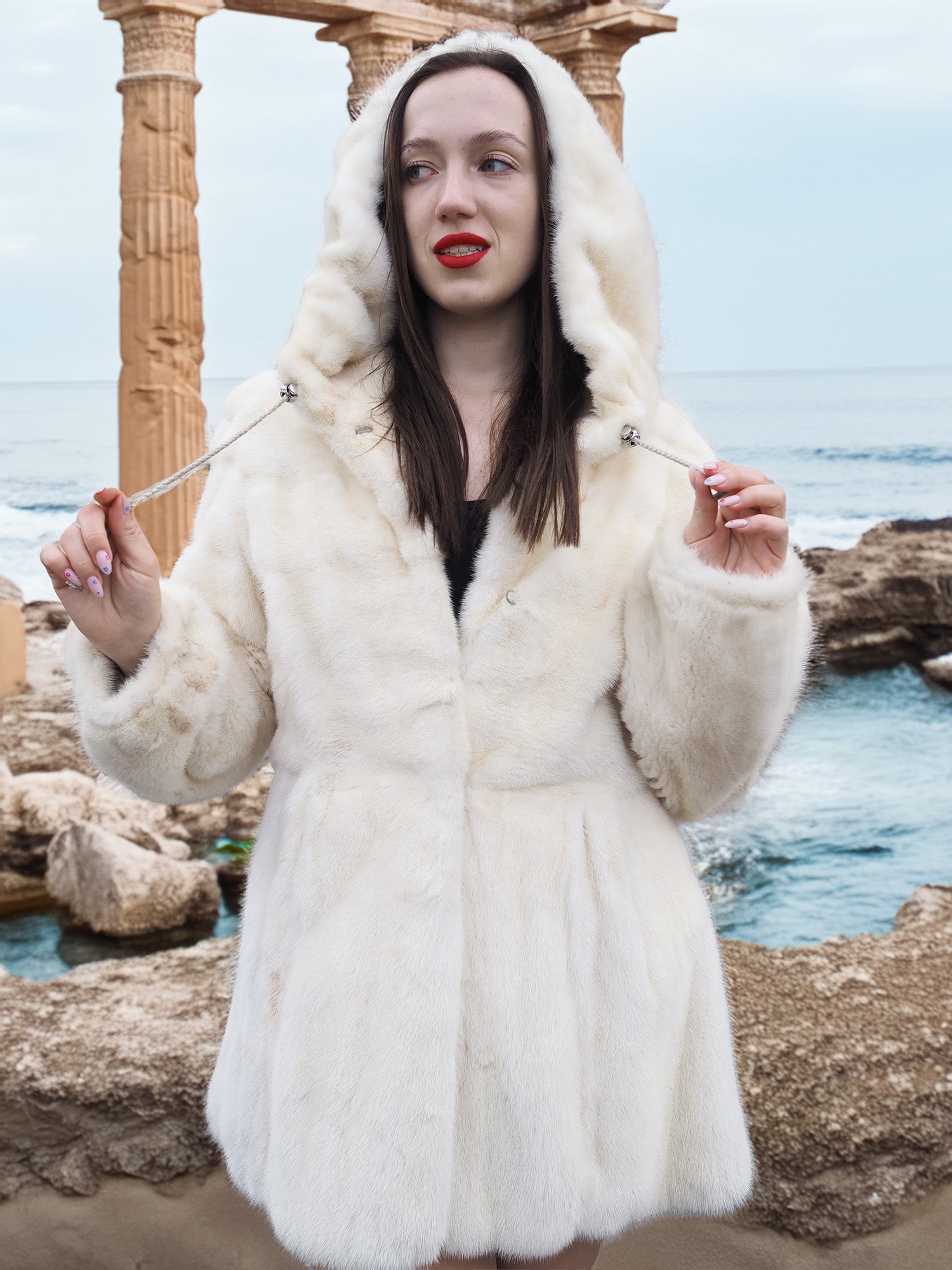 Beige Pearl Mink Fur Coat with hood, offering chic warmth and elegance. Features hook-eye closure, satin lining, and pockets for a luxurious touch.