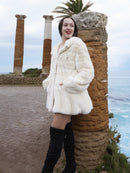 Beige Pearl Mink Fur Coat with hood, featuring a luxurious soft texture, hook-eye closure, and satin lining. Elegant and warm outerwear for stylish comfort.