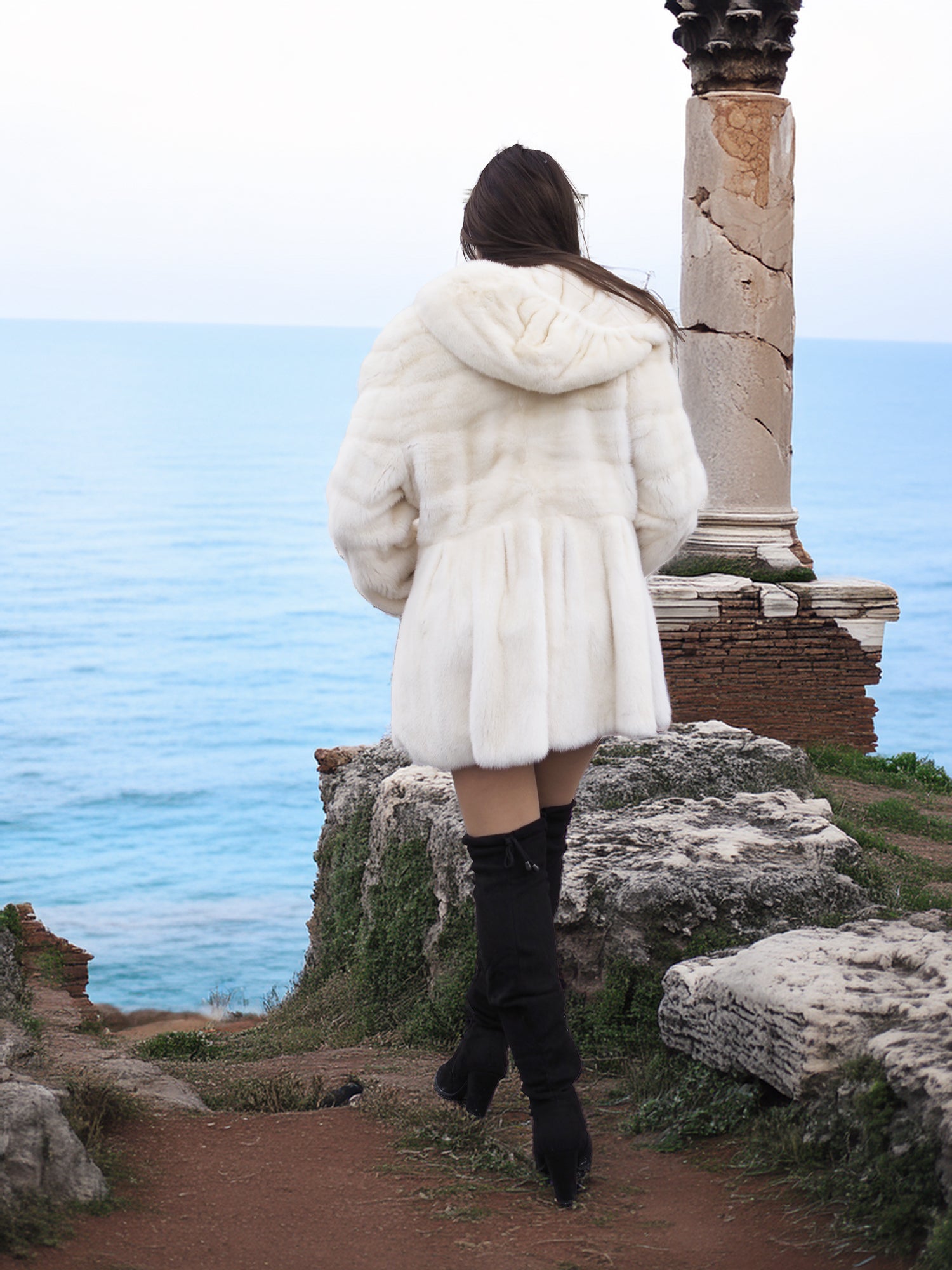 Beige Pearl Mink Fur Coat with hood, offering chic warmth and elegance. Features hook-eye closure, satin lining, and a luxurious mink texture.