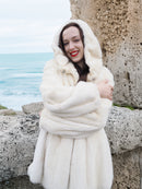 Beige Pearl Mink Fur Coat with hood, offering chic warmth and elegance. Features hook-eye closure, satin lining, and plush mink texture for luxury.