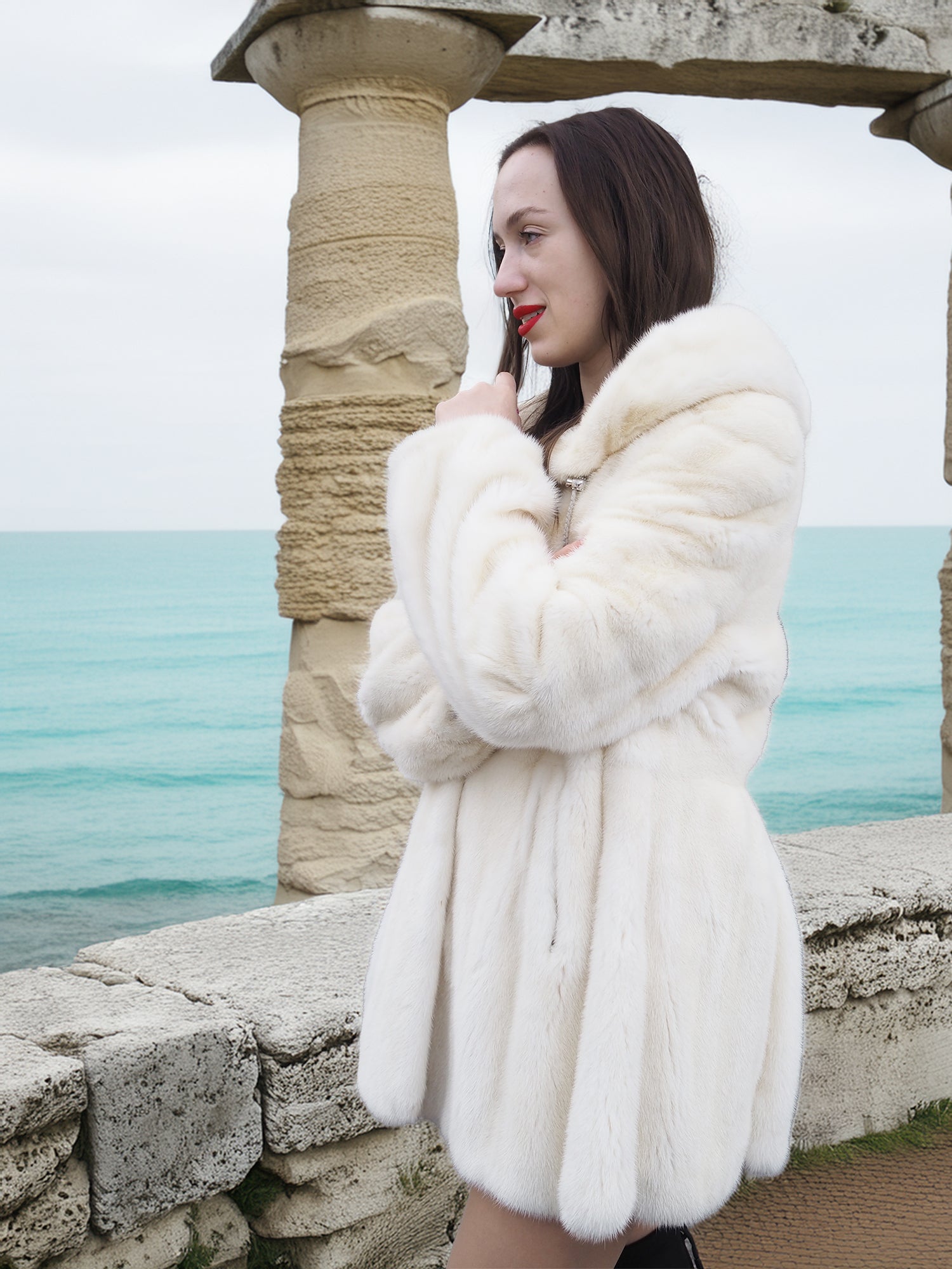 Beige Pearl Mink Fur Coat with hood, offering chic warmth and elegance. Features hook-eye closure, satin lining, and plush mink texture for luxury.