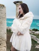 Beige Pearl Mink Fur Coat with hood, offering chic warmth and elegance. Features hook-eye closure, plush mink texture, and satin lining for luxury.
