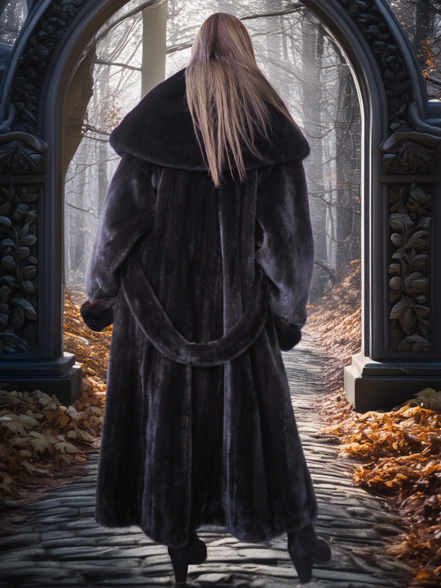 Person in a long coat walking away through an archway into a forest