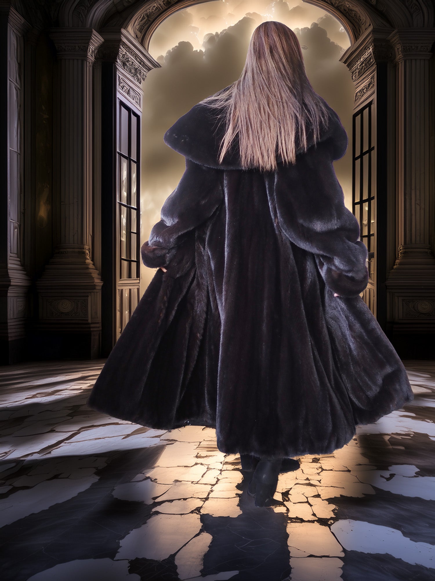 Person in a long coat standing in a grand hallway with large windows and a dark sky.