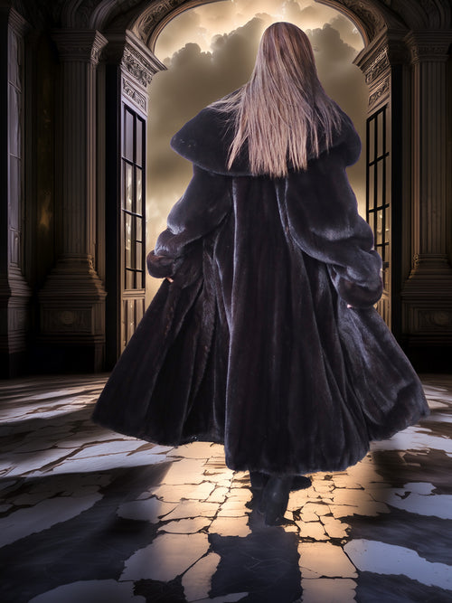 Person in a long coat standing in a grand hallway with large windows and a dark sky.