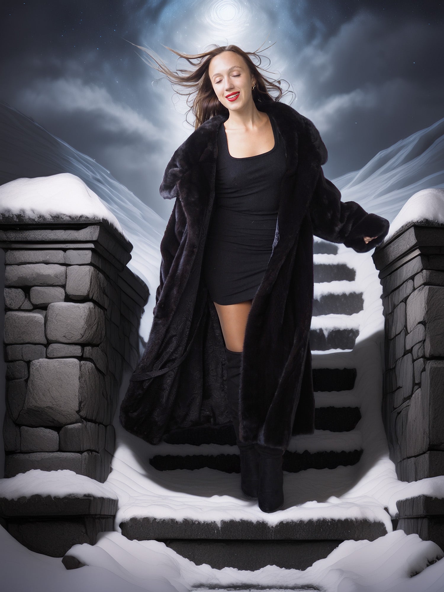 Woman in a long black coat standing on snow-covered steps with a dark, dramatic sky.