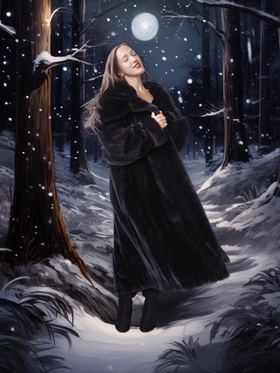 Woman in a long black coat standing in a snowy forest under a full moon.