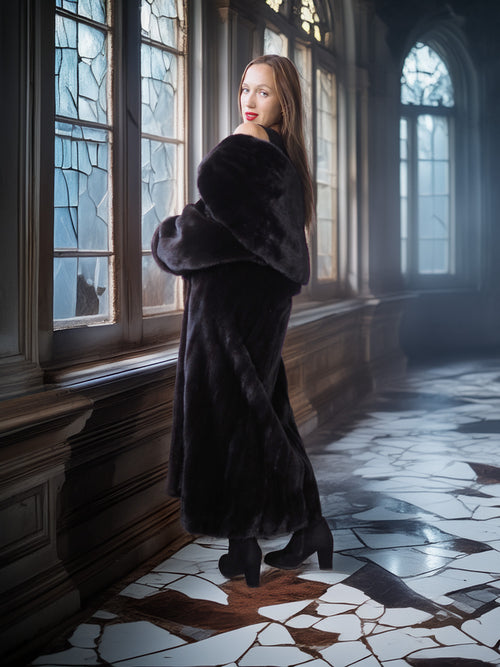 Woman in a long dark fur coat standing in a room with stained glass windows.
