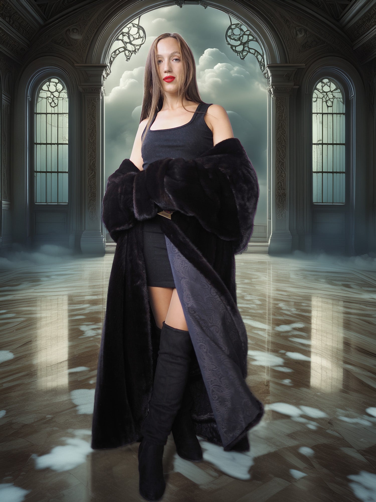 Woman in a long black fur coat standing in an ornate hall with stained glass windows.