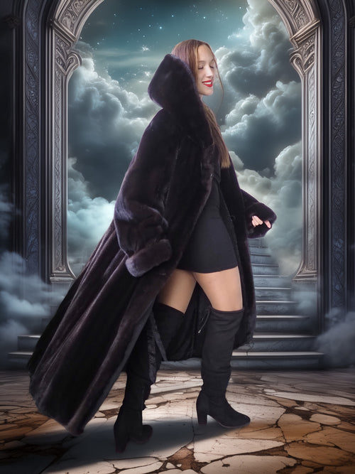 Woman in a long dark coat standing in a room with a large mirror reflecting clouds.