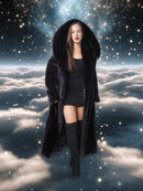 Person wearing a long black coat standing above clouds with a starry sky background