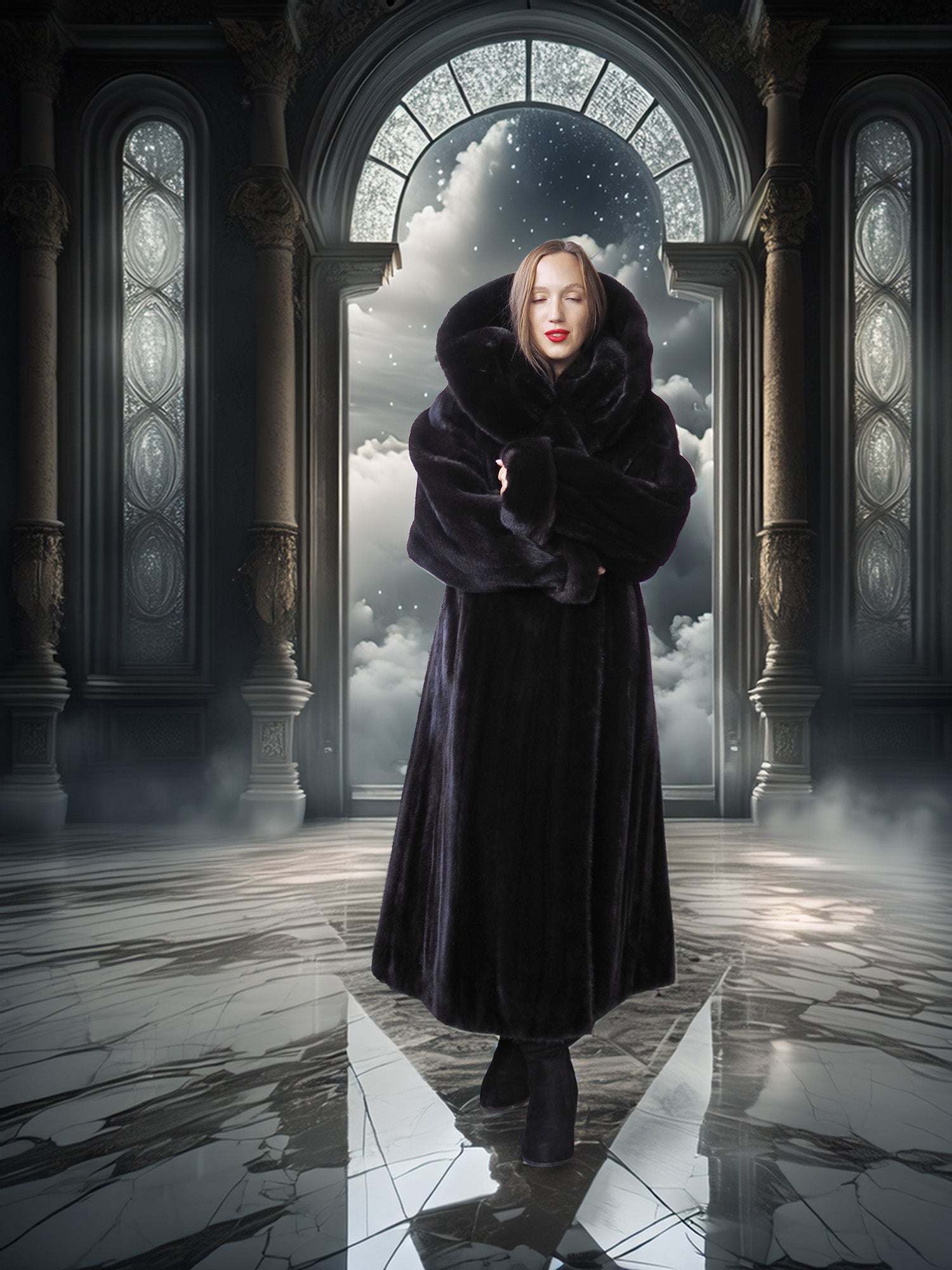 Woman in a dark coat standing in a grand hallway with decorative columns and a starry sky.