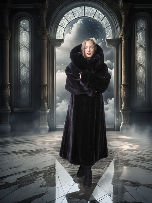 Woman in a dark coat standing in a grand hallway with decorative columns and a starry sky.