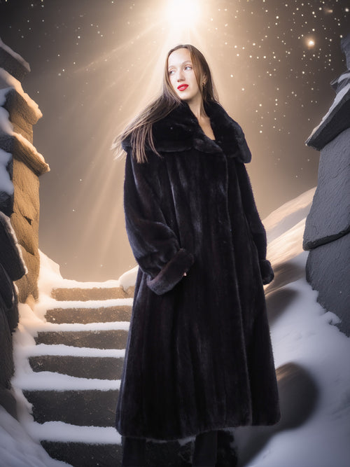 Woman in a long black coat standing on snow-covered steps with a warm light source in the background